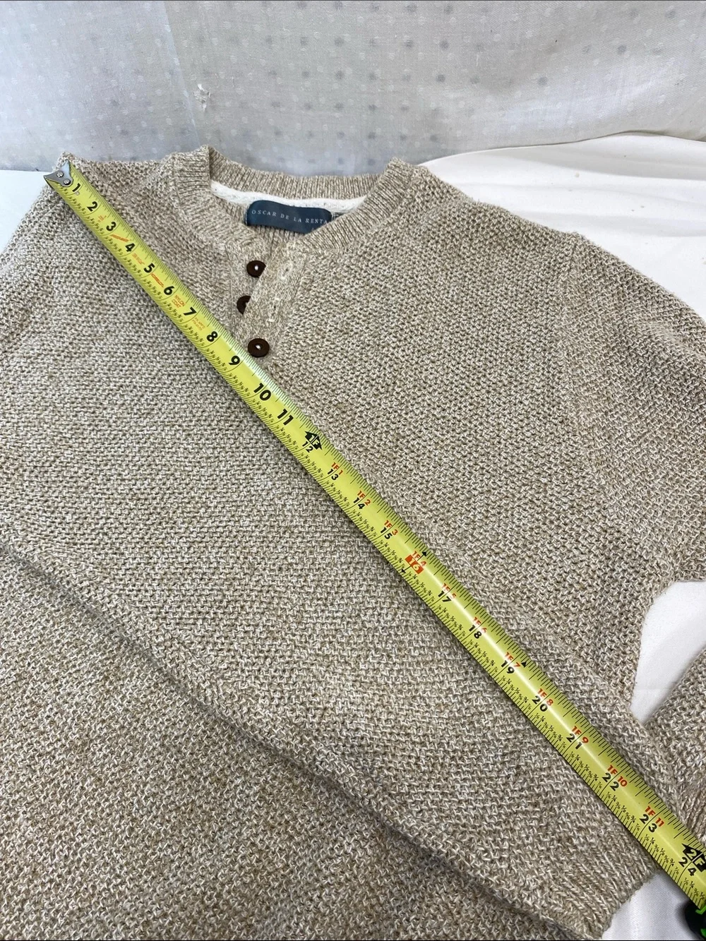 Oscar de la Renta Men's Beige Knit Henley Sweater Rugged Preppy Grandpacore USA